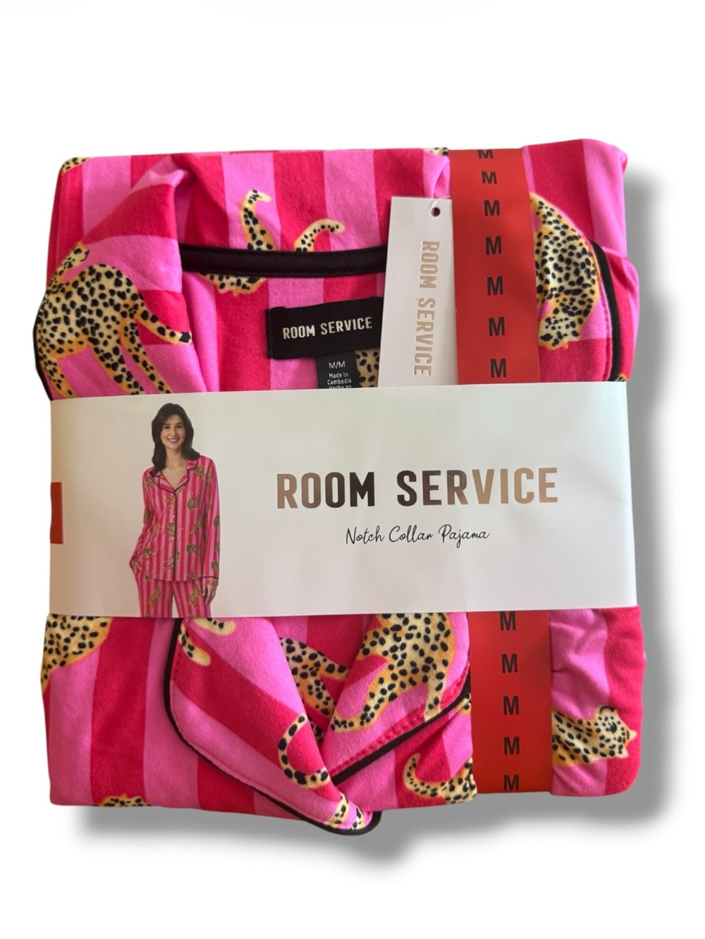 Room Service Women's Pink Leopard Stripe Notch Collar Pajama Set